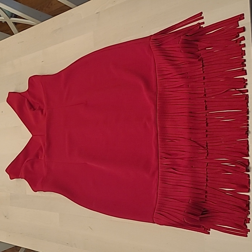 EUC Adrianna Papell Red Double Fringe Hem Sleeveless Cocktail Dress